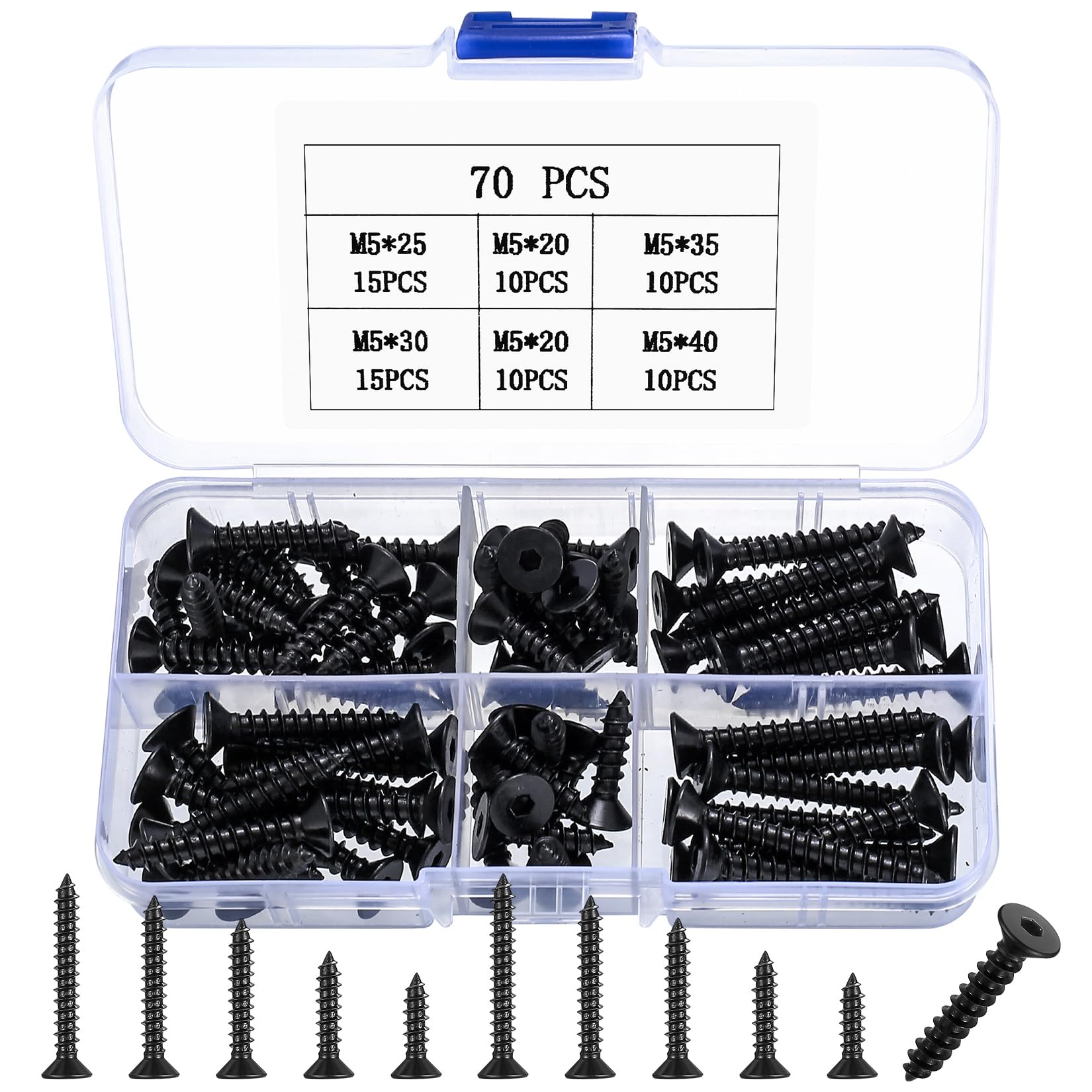 70 Pcs M5 Black Self Tapping Screws for Wood Assortment Set Countersunk Head Hex Socket Cap Screws