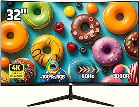 ZZA Monitor curvo UHD 4K de 32 polegadas (3840 x 2160), VA, taxa de atualização de 60 Hz, 100% sRGB, sincronização adaptável, ângulo de visão de 178°, HDMI/DisplayPort, compatível com montagem VESA