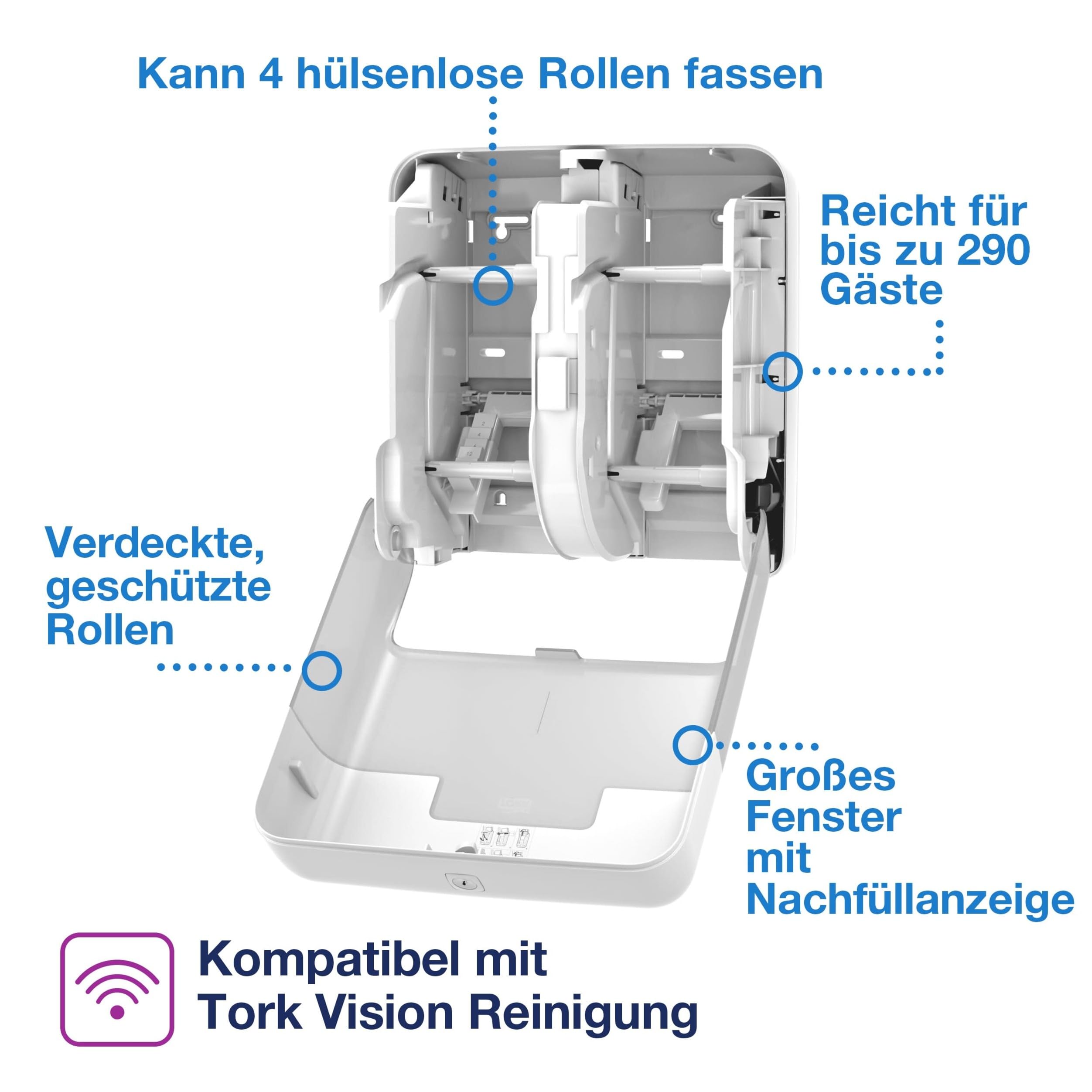 Tork OptiServe Spender für 4 Rollen Hülsenloses Toilettenpapier Weiß T7, vertikaler Toilettenrollenspender, Elevation Design, 558051