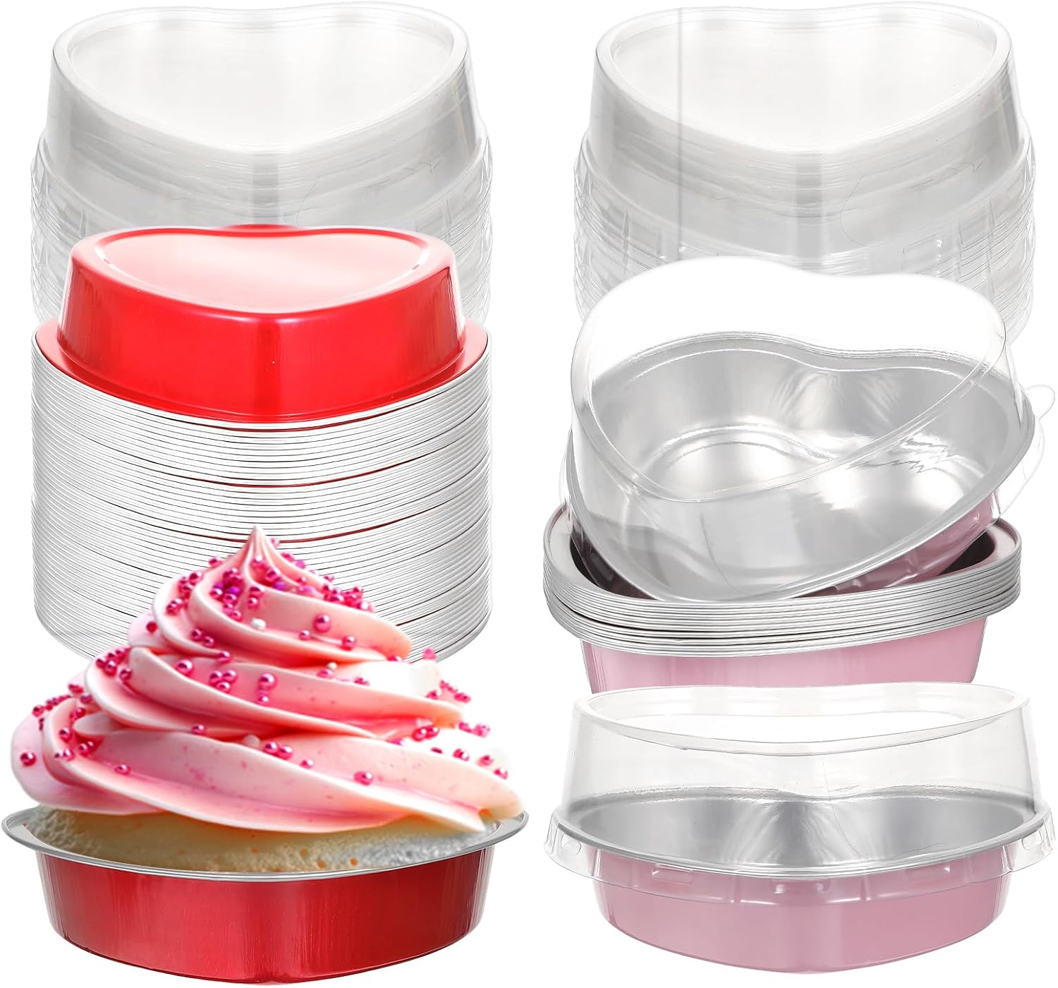60 Pcs 9oz Valentine’s Day Heart Shaped Cake Pans with Lids – Heavy Duty Disposable Aluminum Foil Mini Baking Cups, Muffin Tins & Ramekins Containers for Red & Pink Party, Wedding, Birthday