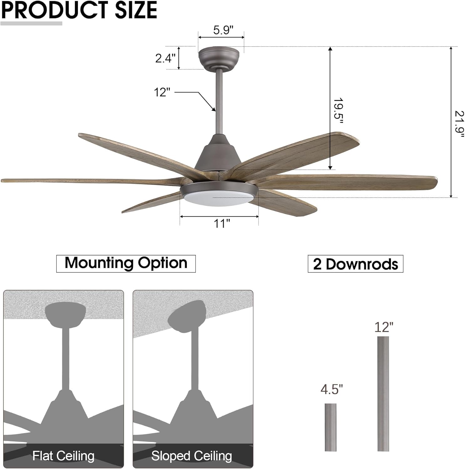 60"Ceiling Fans with Lights - Solid Wood Modern Ceiling Fan with Remote, Dimmable LED Light 6-Speed Noiseless Reversible DC Motor Fan for Bedroom, Dining/ Living Room, Patio, Charcoal Gray/Wood