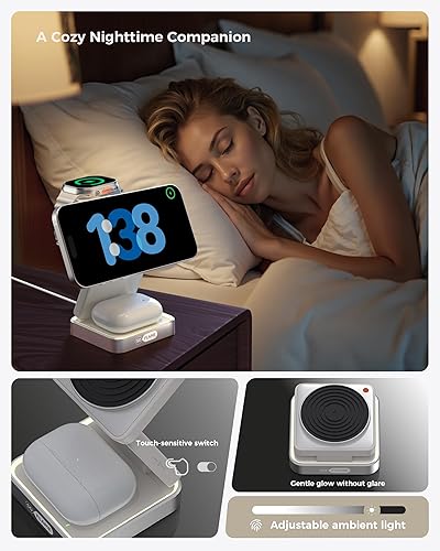 Miniatura 5 de Estación de carga inalámbrica magnética 3 en 1 para cargador Mag-Safe, cargador de viaje plegable con luz nocturna, soporte de carga rápida de 15 W