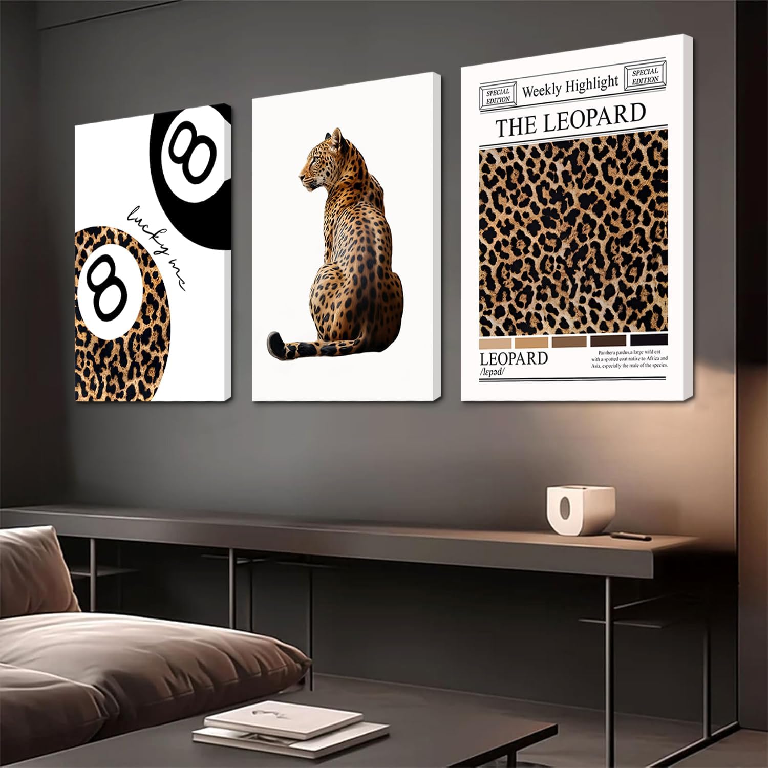 3pcs Trendy Leopard Canvas Wall Art Funky Lucky 8 Ball painting picture Stylish Female Aesthetic wall decor Preppy Cheetah poster print Artwork for Girly Bedroom Apartment Dorm 16x24in Wrapped Canvas