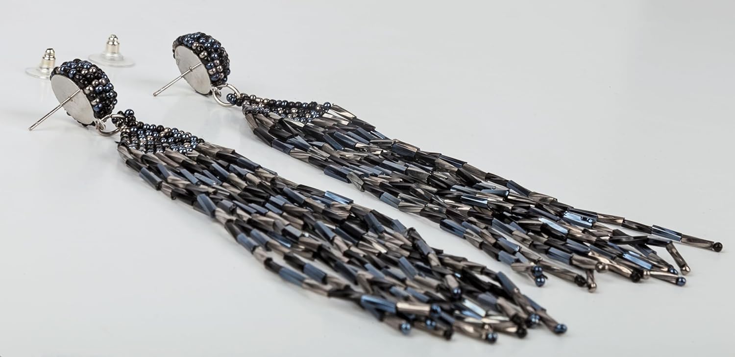 SPUNKYsoul Handmade Beaded Boho Earrings, Ombre Mixed Metallic Seed Bead Long Fringe Statement Earrings, Jewelry for the Modern Bohemian Women (BLACK & SILVER) - Image 6