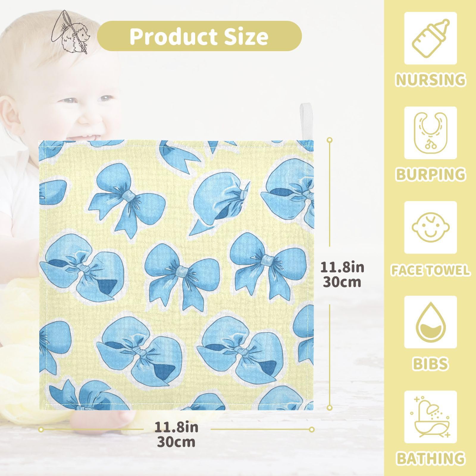 Kigai Blue Ribbon Bow Baby Washcloths,3pcs Ultra Soft Absorbent Towel,Newborn Bath Face Towel, Natural Reusable Baby Wipes for Sensitive Skin, Baby Registry as Shower