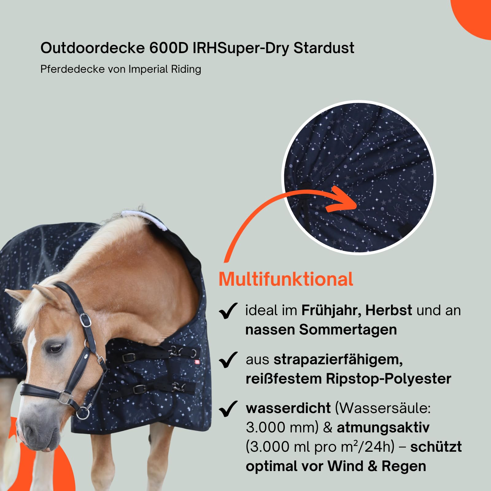 Imperial Riding - Outdoordecke 600D IRHSuper-Dry Stardust – als Regendecke, Übergangsdecke & Winterdecke – wasserdichte Weidedecke mit Fleece-Futter – Pferdedecke in Schwarz – 125cm