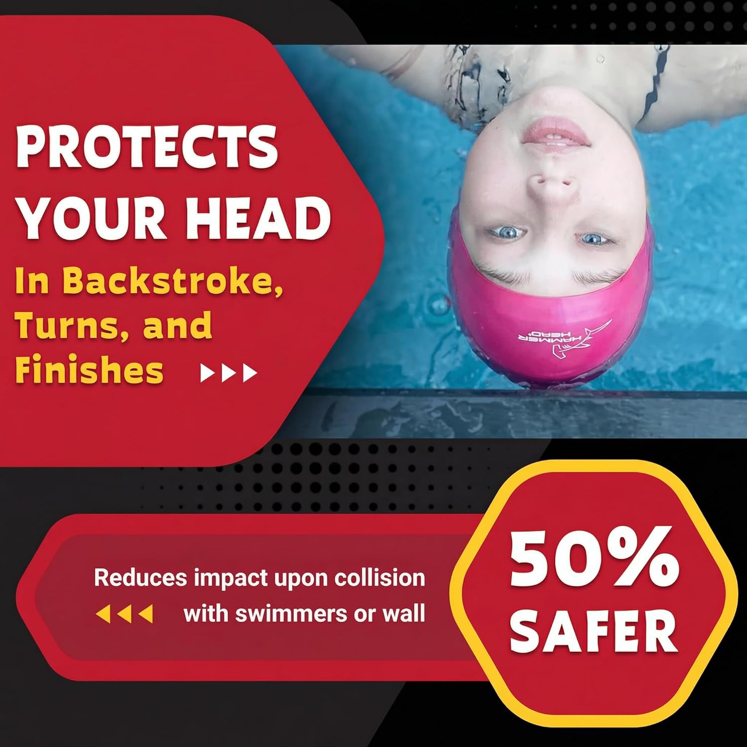 Hammer Head Swim Cap for Safety and Speed with Honeycomb Impact Technology - Reduce Frontal Drag - One Year No-Rip Guarantee