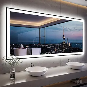 ISKM Framed LED Mirror for Bathroom 84"x40", Dimmable LED Bathroom Mirror with Lights, Anti-Fog, Front and Backlit Lighted Mirror 3-Colors, Shatterproof, Memory Function