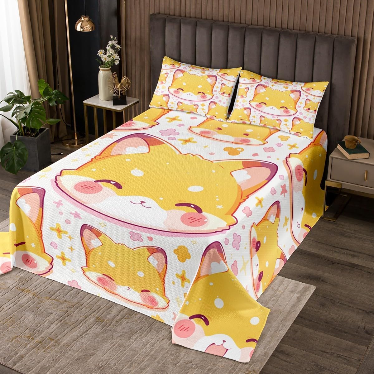 Homewish Purple Flower Fox Bedspread Twin Size,Blossom Flower Wildlife Bedding Set for Kids Boys Girls Room Decor,Nature Plant Boho Coverlet Set 2Pcs,Tie Dyeing Watercolor Animal Quilt,1 Pillowcase