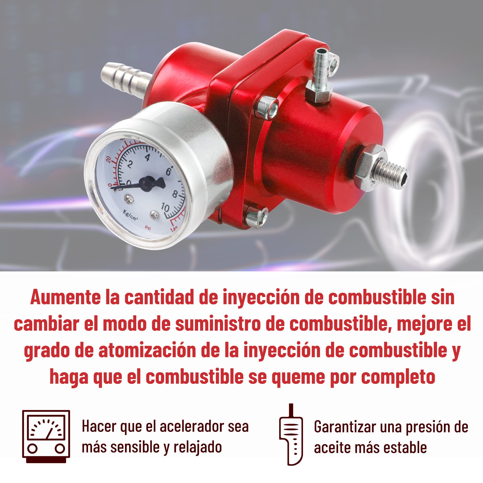 CarBole Regulador de presión de combustible para coche, 1-140 psi, regulador de presión de gasolina, aleación de aluminio con manómetro y manguera