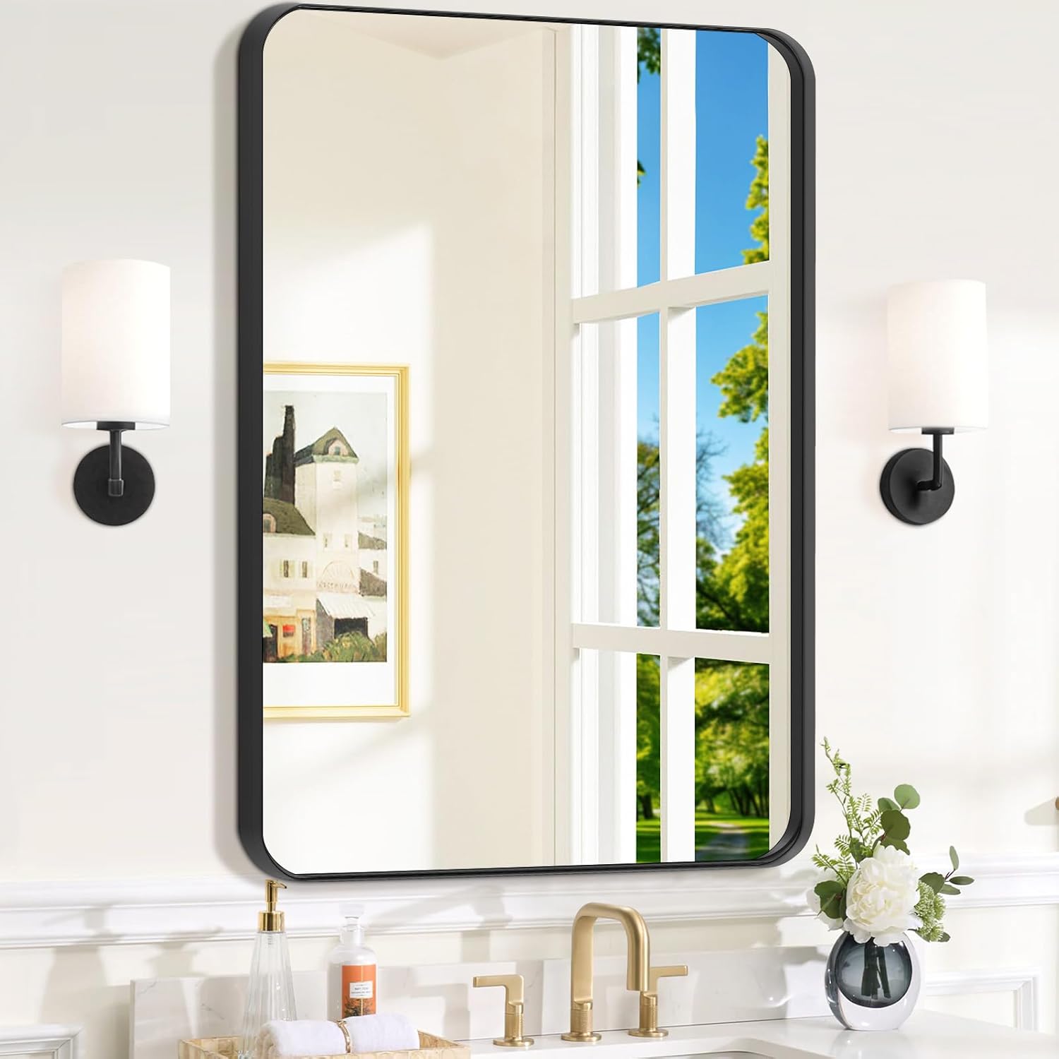 Brushed Gold Bathroom Mirror 24x36 Inch, Rounded Rectangular Bathroom Mirrors, Aluminum Alloy Frame Bathroom Mirror, Farmhouse, Hangs Horizontally or Vertically, HD Tempered Glass