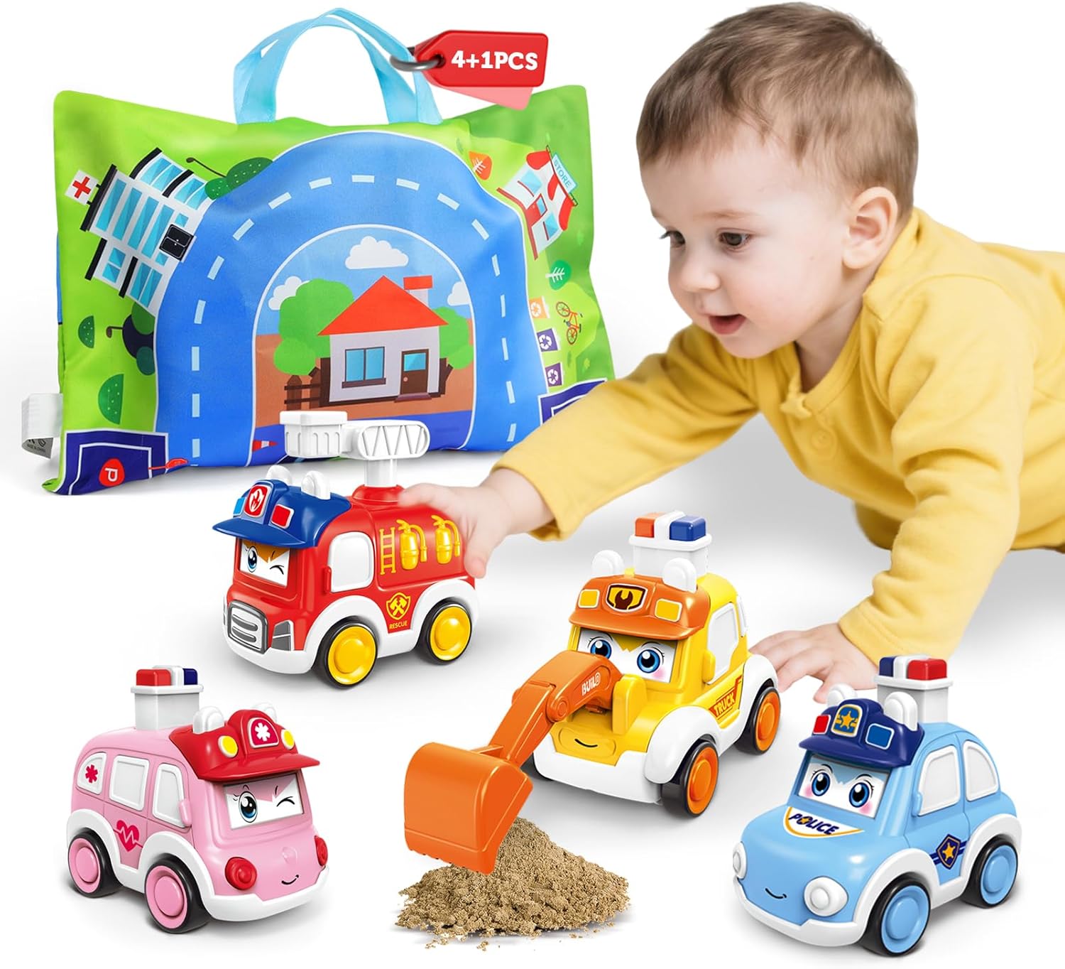 Baby Car Toy for 1 Year Old, 4PCS Kids Press and Go Vehicles with Play Mat Storage Bag, Friction Powered Trucks, Birthday Easter Gifts for Boys Girls 2 3 4