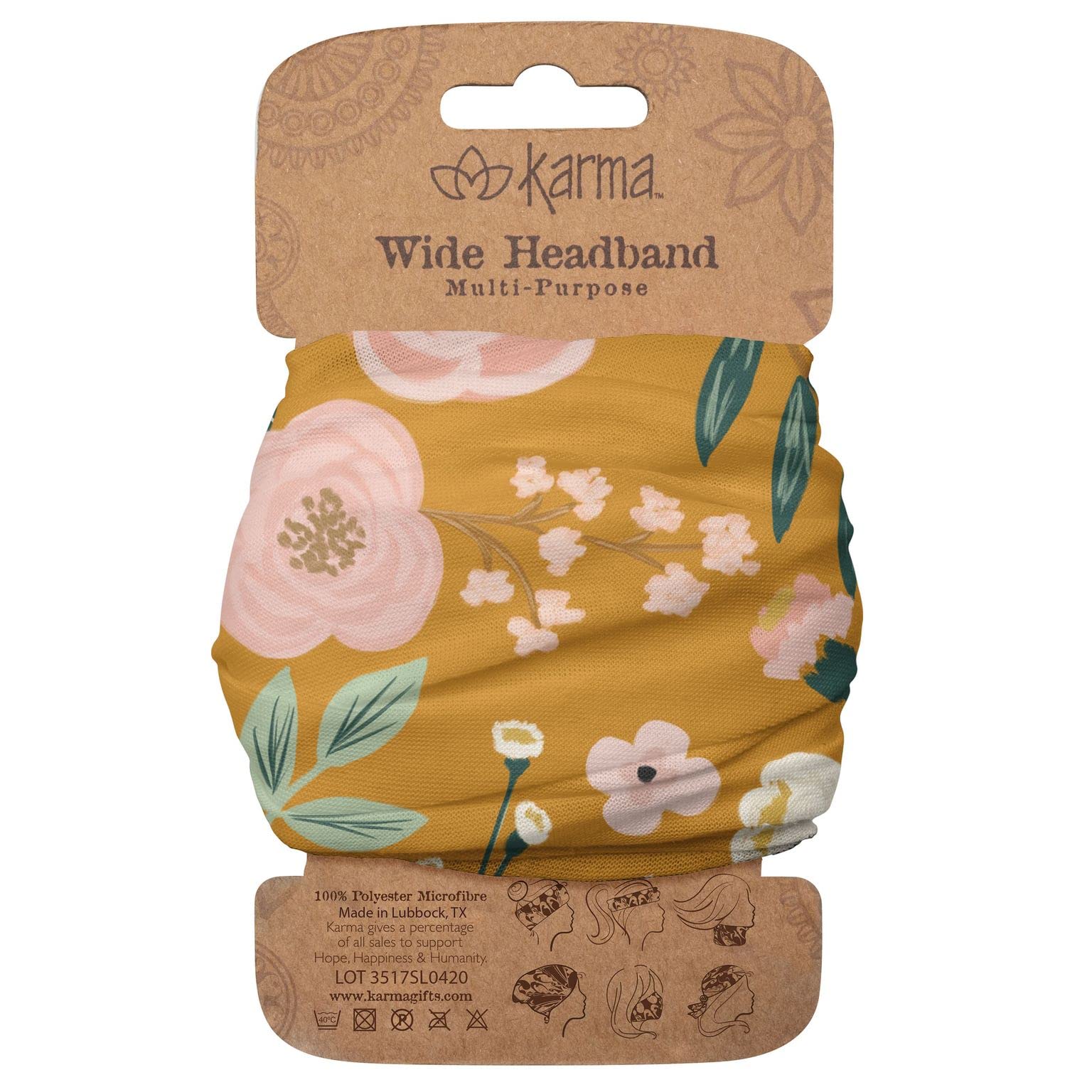 Karma Mustard Floral Headband for Women - Wide - Fabric Headband and Stretchy Hair Scarf - Yellow