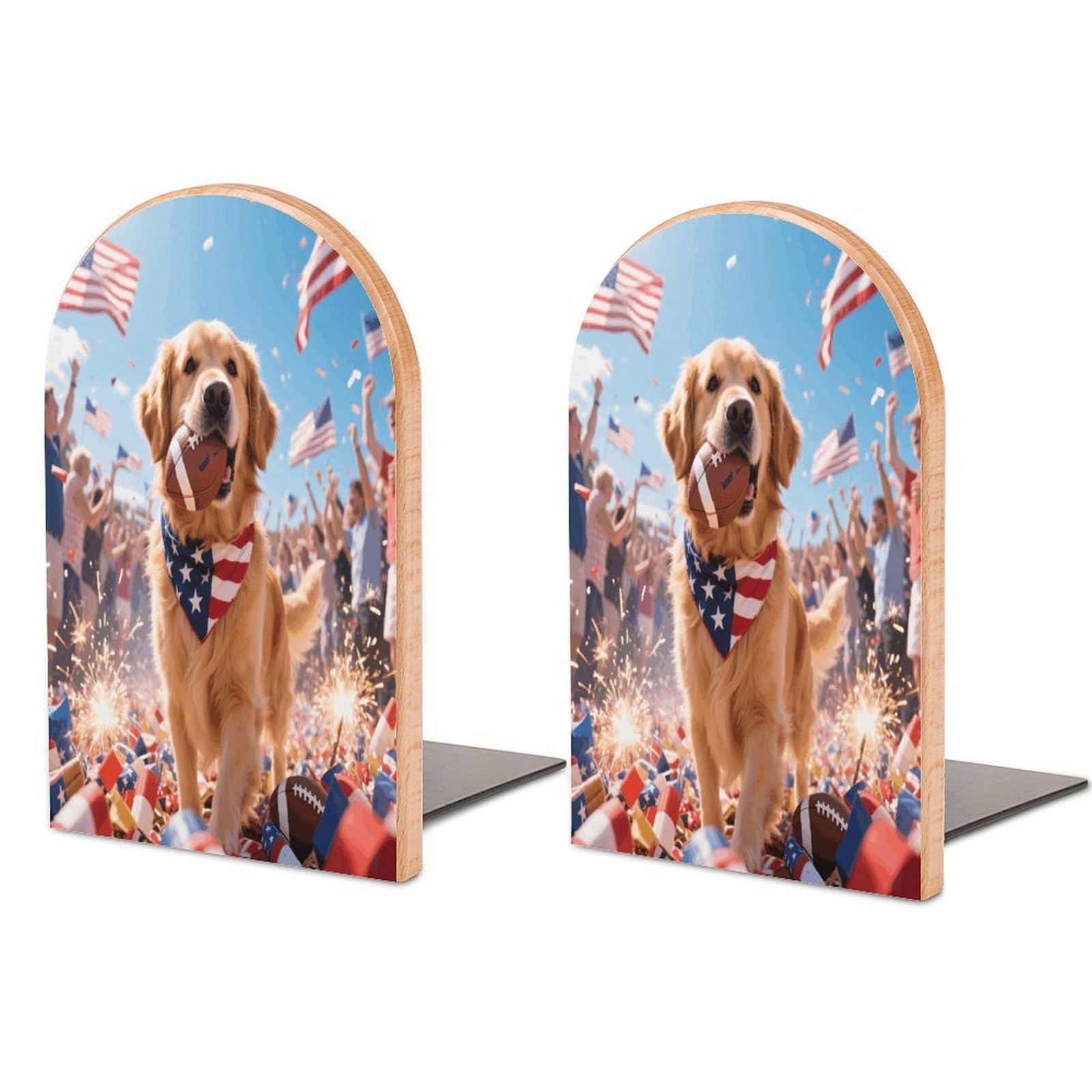 Patriotic Dogs Bookend Modern Non-Skid Bookends Heavy Duty Wooden Book Stopper Support for Heavy Books Book Organizer for Home Office Supplies