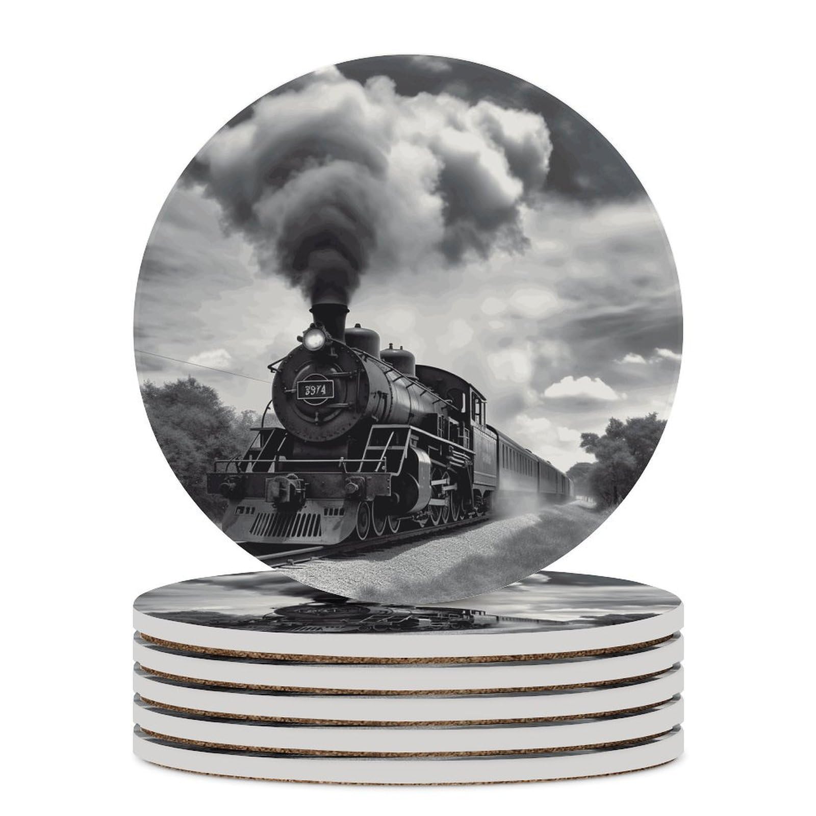 Steam Train Clouds Coaster with Cork Base Drink Coasters for Coffee Table Decor Modern Cup Coasters with Non-Slip & Heat-Resistant Cute Ceramic Table Coaster for Home Dining