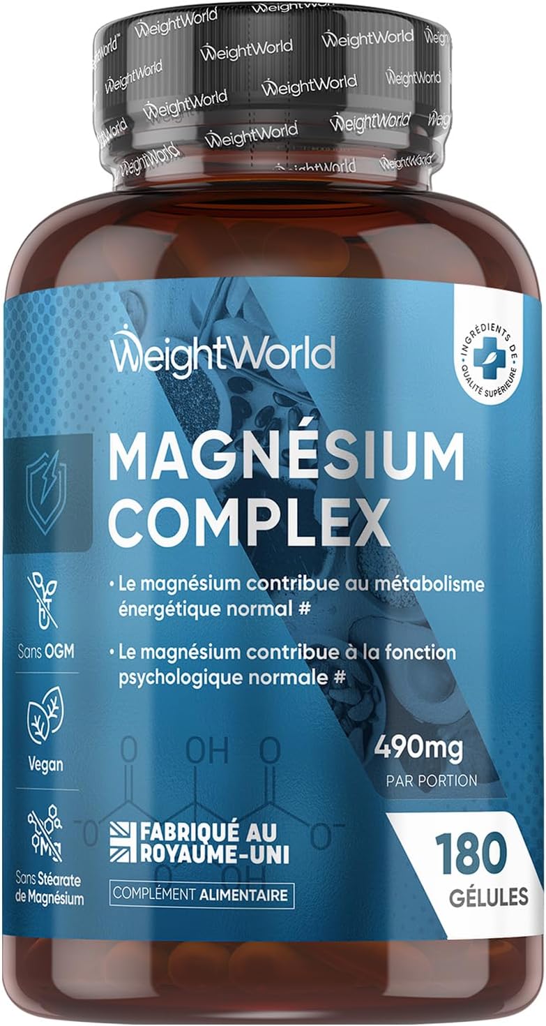 Magnesium complex 490mg Magnesium Bisglycinate, Citrate, Malate and Taurate (4 Types) 180 Capsules, 6 Months Supply, Vegan, Non-GMO, Lactose Free, Gluten Free with L-Leucine Amino Acid