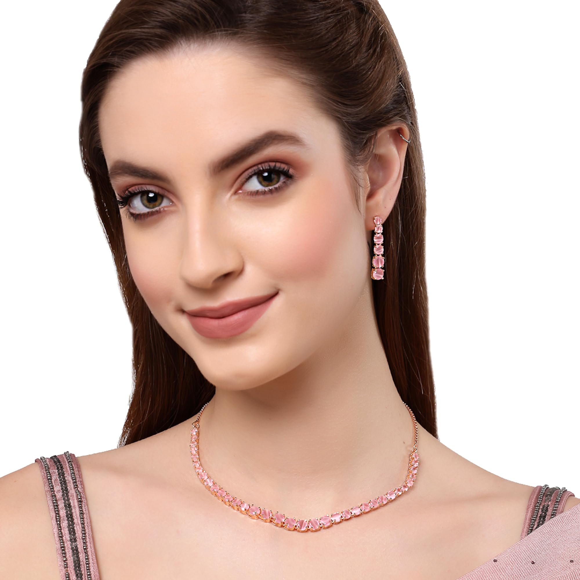 Classic Style AD American Diamond Rose Plated Circle Necklace Set