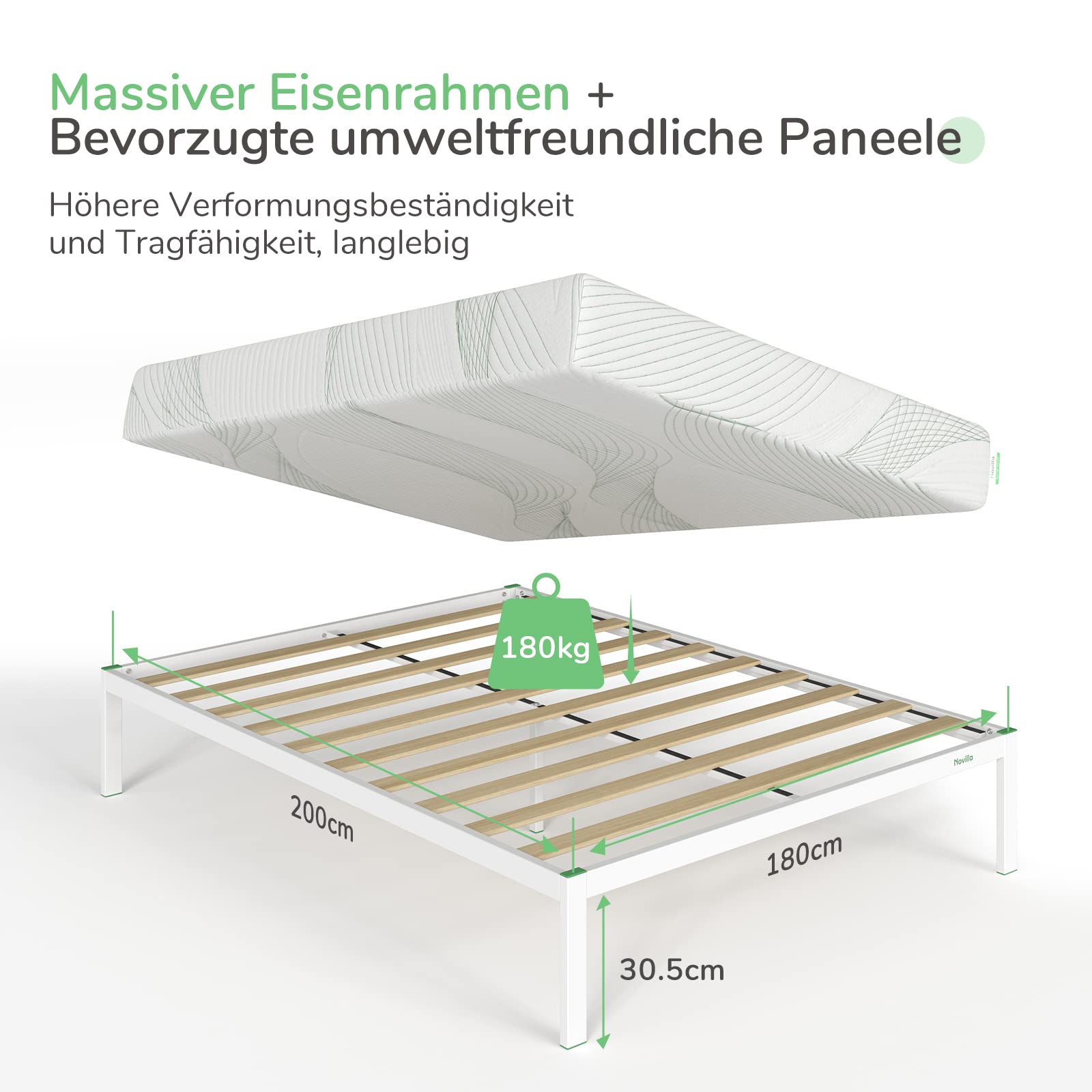 Novilla Metallbett Metallrahmenbett mit Lattenrost Bettgestell Für Erwachsene Kinder Jugendliche 180x200 cm Weiß