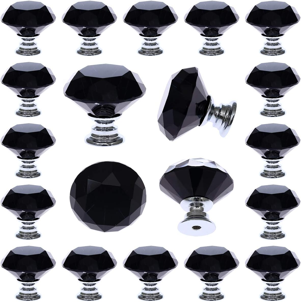 DEELF 25 Packs Kitchen Cabinet Knobs, 30 mm Crystal Cabinet Knobs, Diamond Dresser Handle Drawer Pulls, Dresser Knobs for Cabinets and Drawers, Black