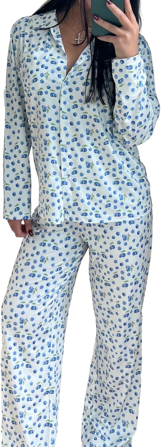 Giraropa Women Fruit Pajamas 2 Piece Pajama Sets Long Sleeve Button Down Shirt Elastic Waist Pants Set Loungewear