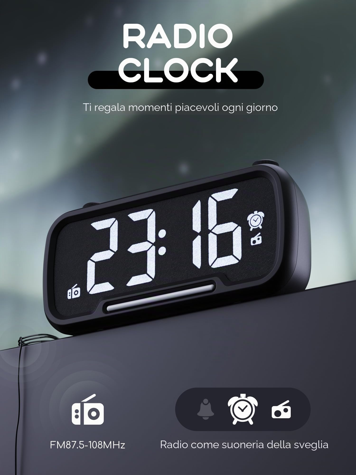 ROCAM Sveglia Digitale da Comodino Radiosveglia Orologio Digitale da Tavolo Funzionamento a rete Dimmer Luce notturna USB Tipo-C DST Batteria di Backup Radio da Cucina