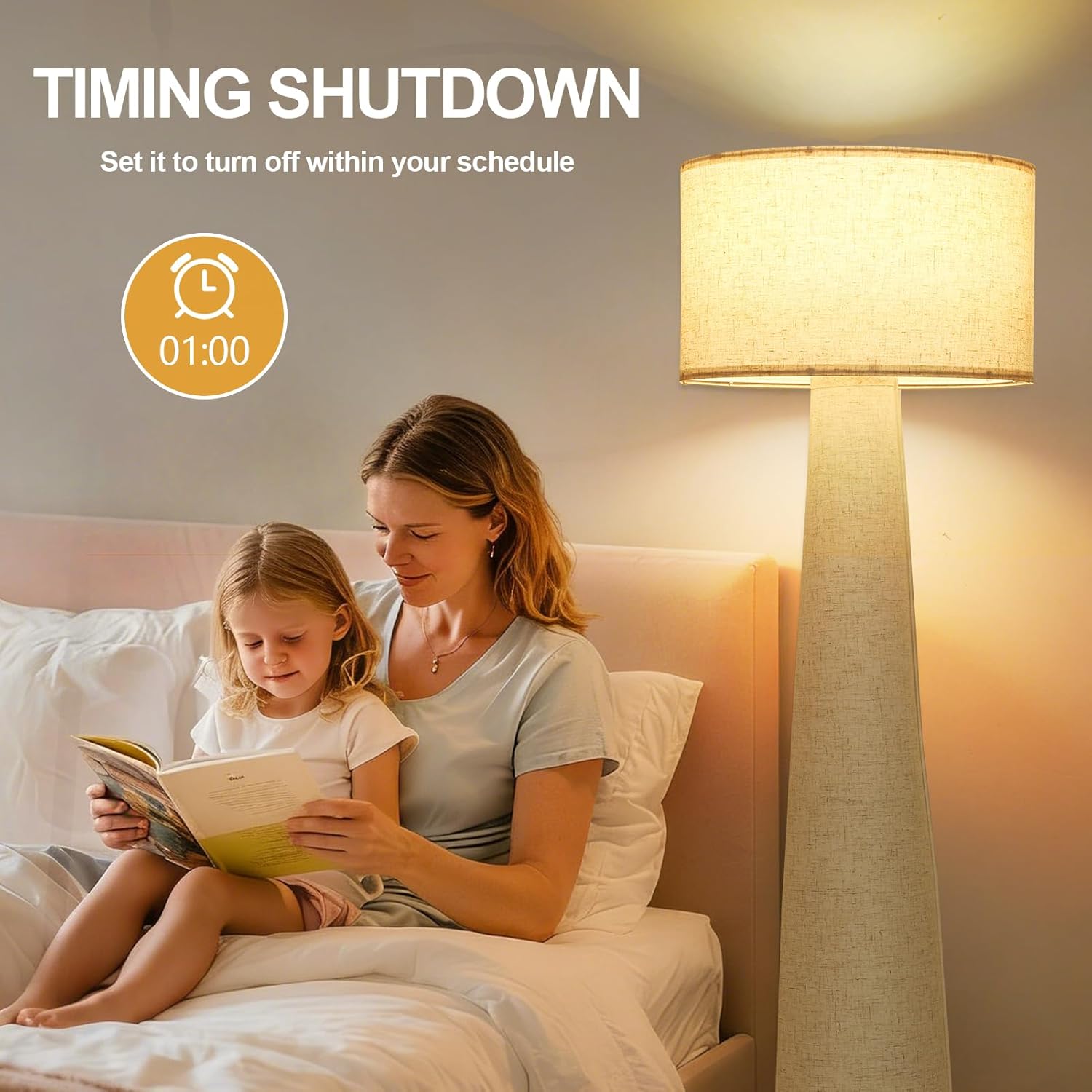 Boho White Floor Lamps for Living Room, Dimmable Standing Lamp with Remote and Bulb, Mid Century Column Tall Lamp with Fabric Shade, 3 Color Temperatures, Farmhouse Stand Up Light for Bedroom