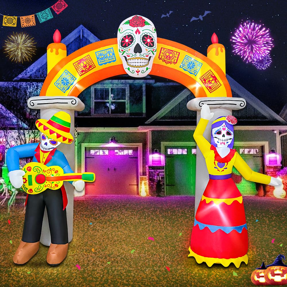 9Ft Day of The Dead Halloween Inflatables Archway Dia De Los Muertos Decorations Inflatable Arch with Skull Skeleton LED Light Decor for Lawn Yard Garden