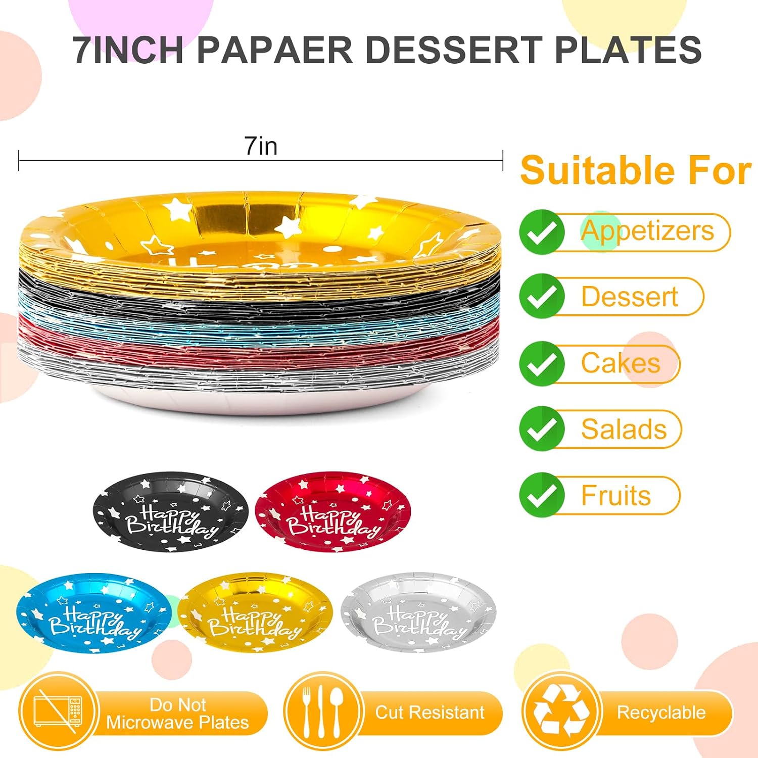 Happy Birthday Party Paper Plates, Colorful Dessert Plates, 7 INCH 50 PCS Party Supplie,Five Colors Foil Polka Dots for Birthday Decorations image 2
