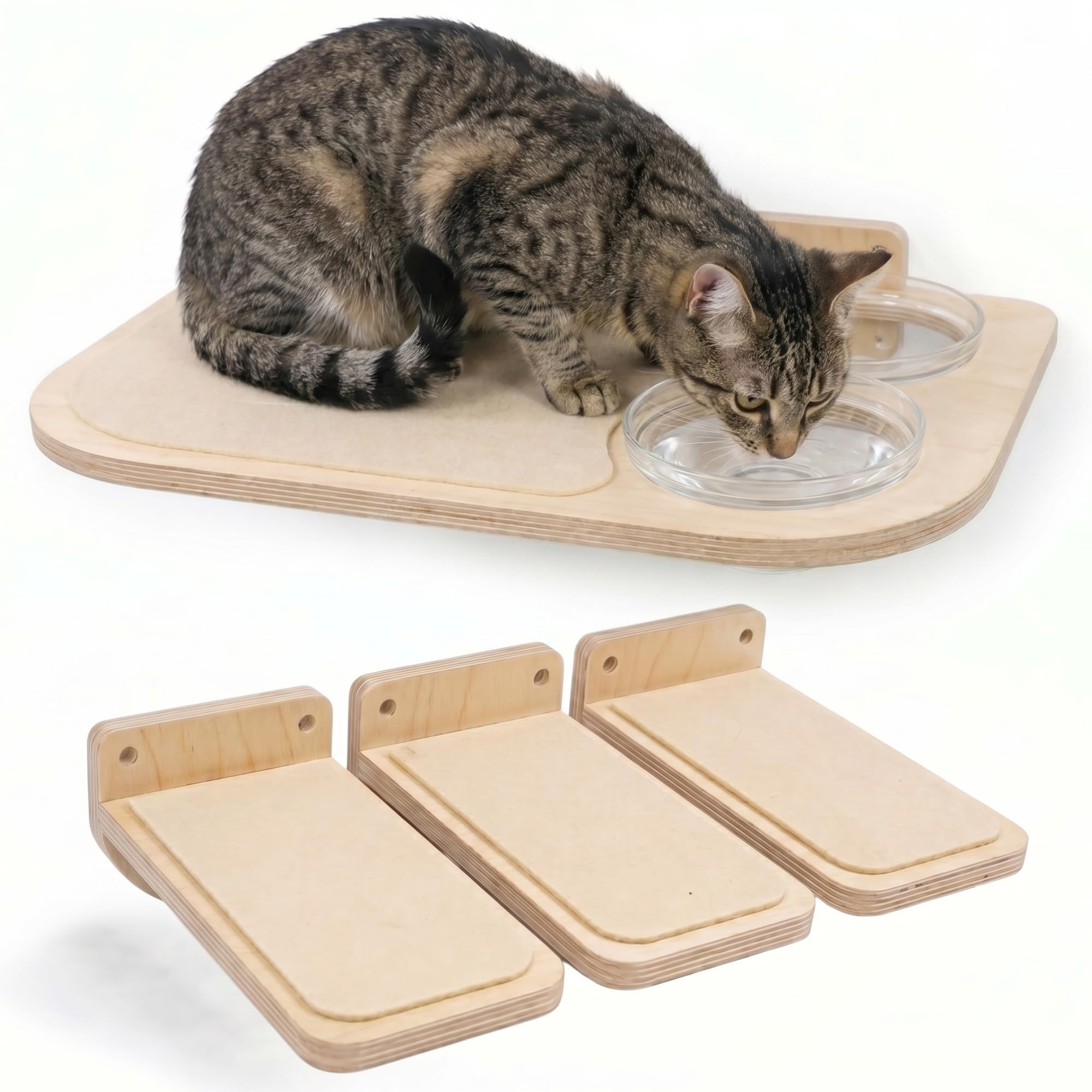 INICIO Cat Wall Furniture - Feeding Station: Cat Wall Shelves & Steps, Glass Bowls, Easy to Install, Dog-Proof, Modern, Birch, 3 Levels, 16.5"L x 12.5"W x 10"H — image 1