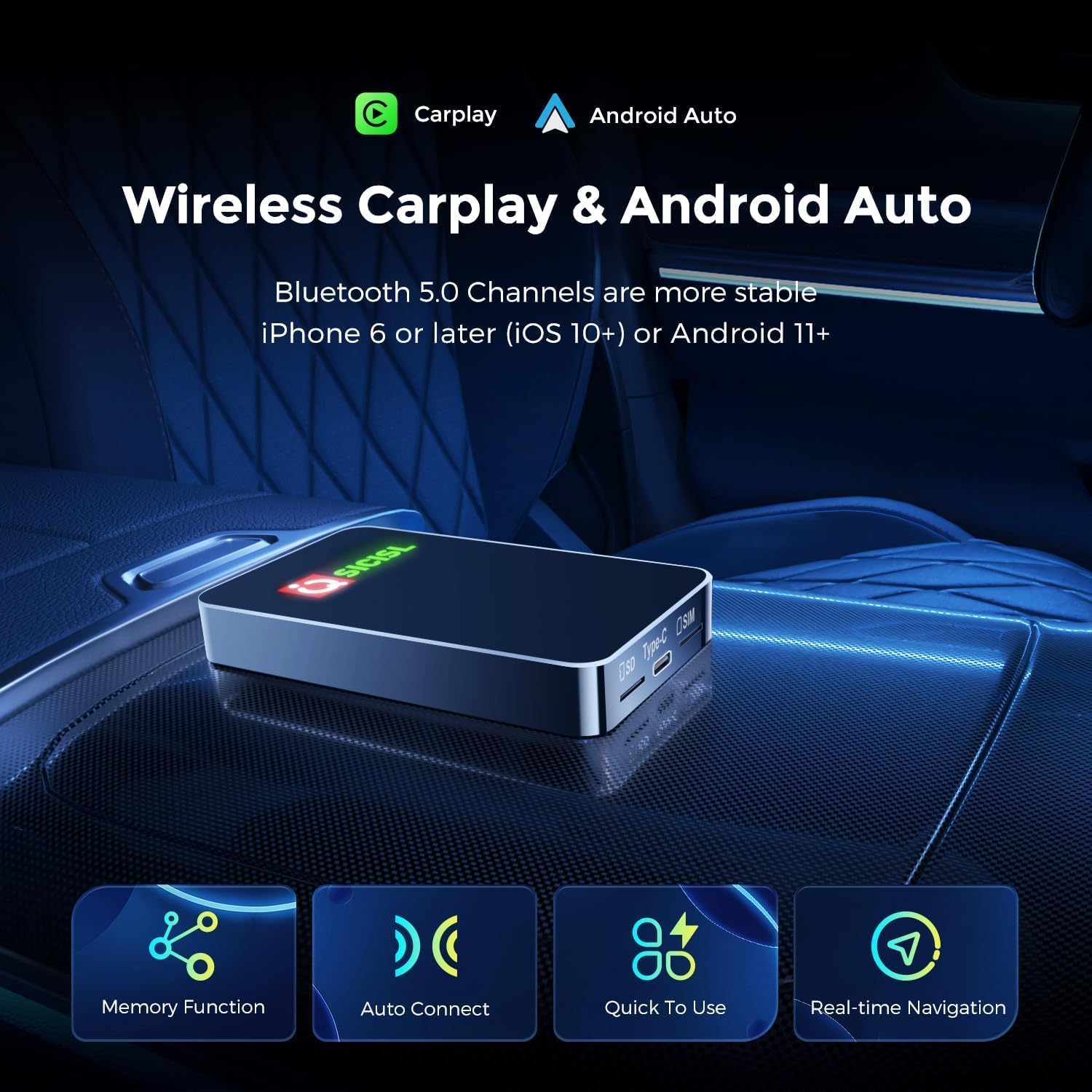 Wireless CarPlay & Android Auto features of the AI Box, highlighting Bluetooth 5.0, Memory Function, Auto Connect, Quick to Use, and Real-time Navigation.