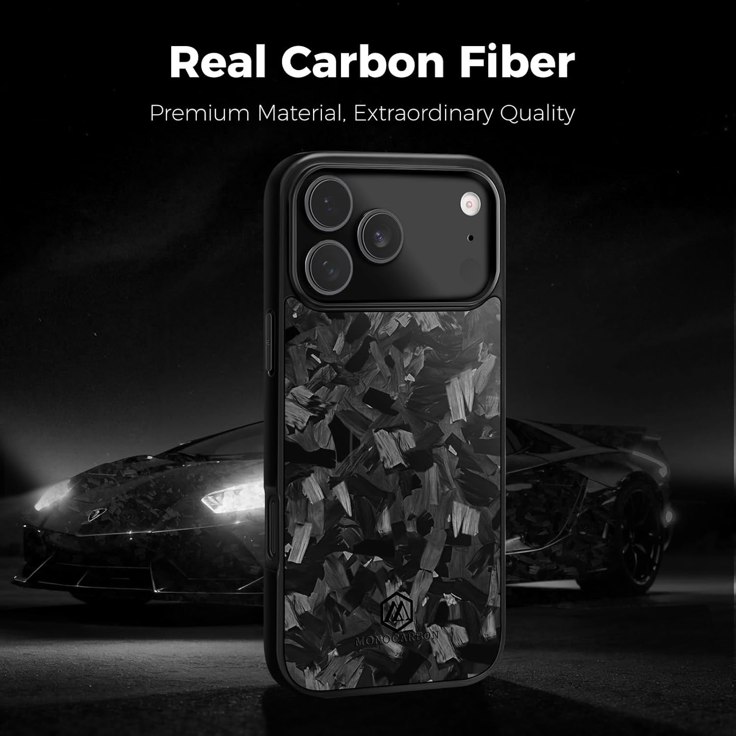 MONOCARBON Forged Carbon Fiber Case for iPhone 17 Pro Max, Military-Grade 3-Layer Drop-Proof Protective Cover, 6.9" Hard Case with [Camera Button Cutout], [MagSafe Compatible]+[Free Screen Protector]