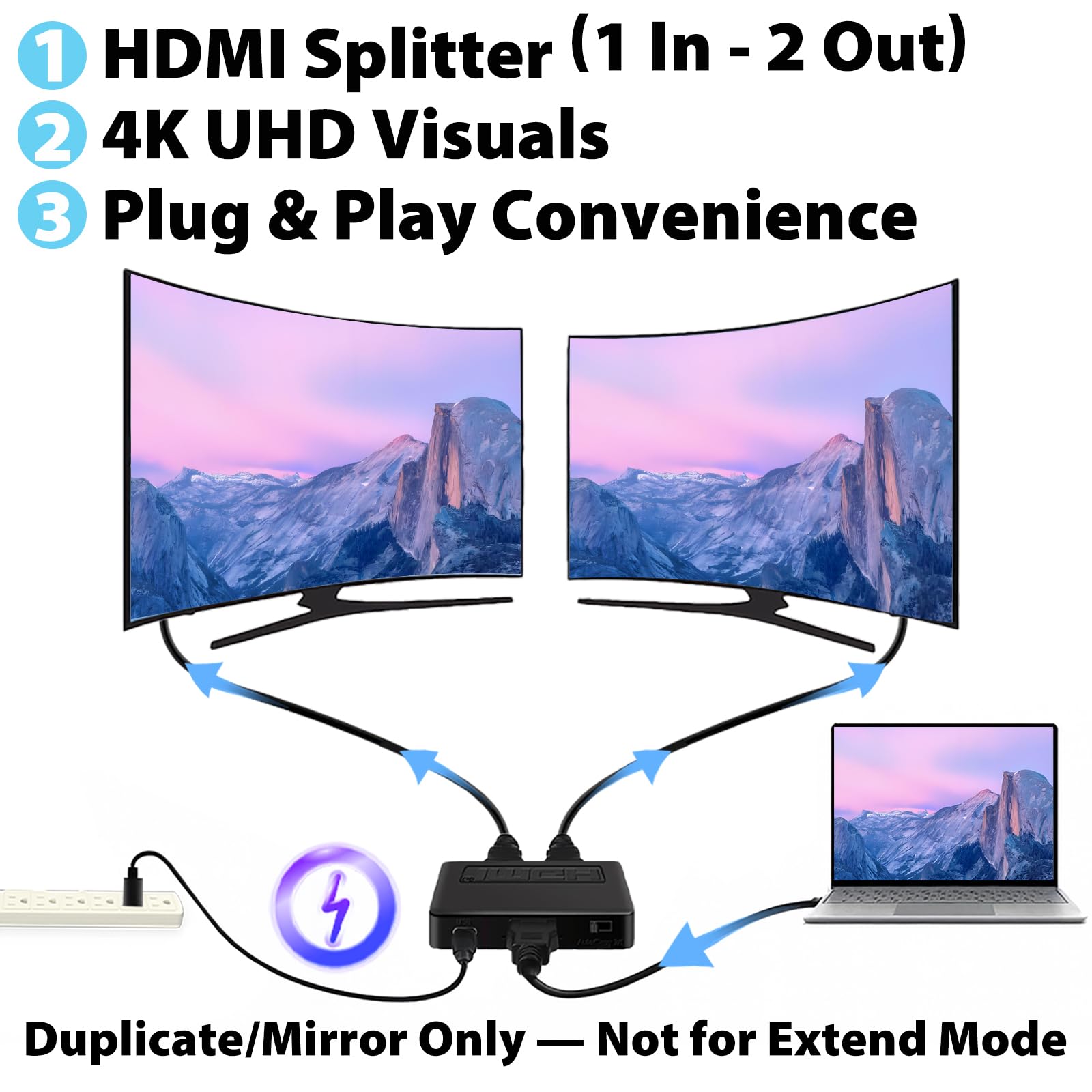 Cyberguys! Splitter HDMI 1 in 2 Out, 4K HDMI Hub 2.0 duplicatore video con cavo di alimentazione USB da 0,8 m e adattatore, supporta 4K @30Hz UHD per TV, monitor, proiettore, PS4, Xbox, Blu-Ray - Solo