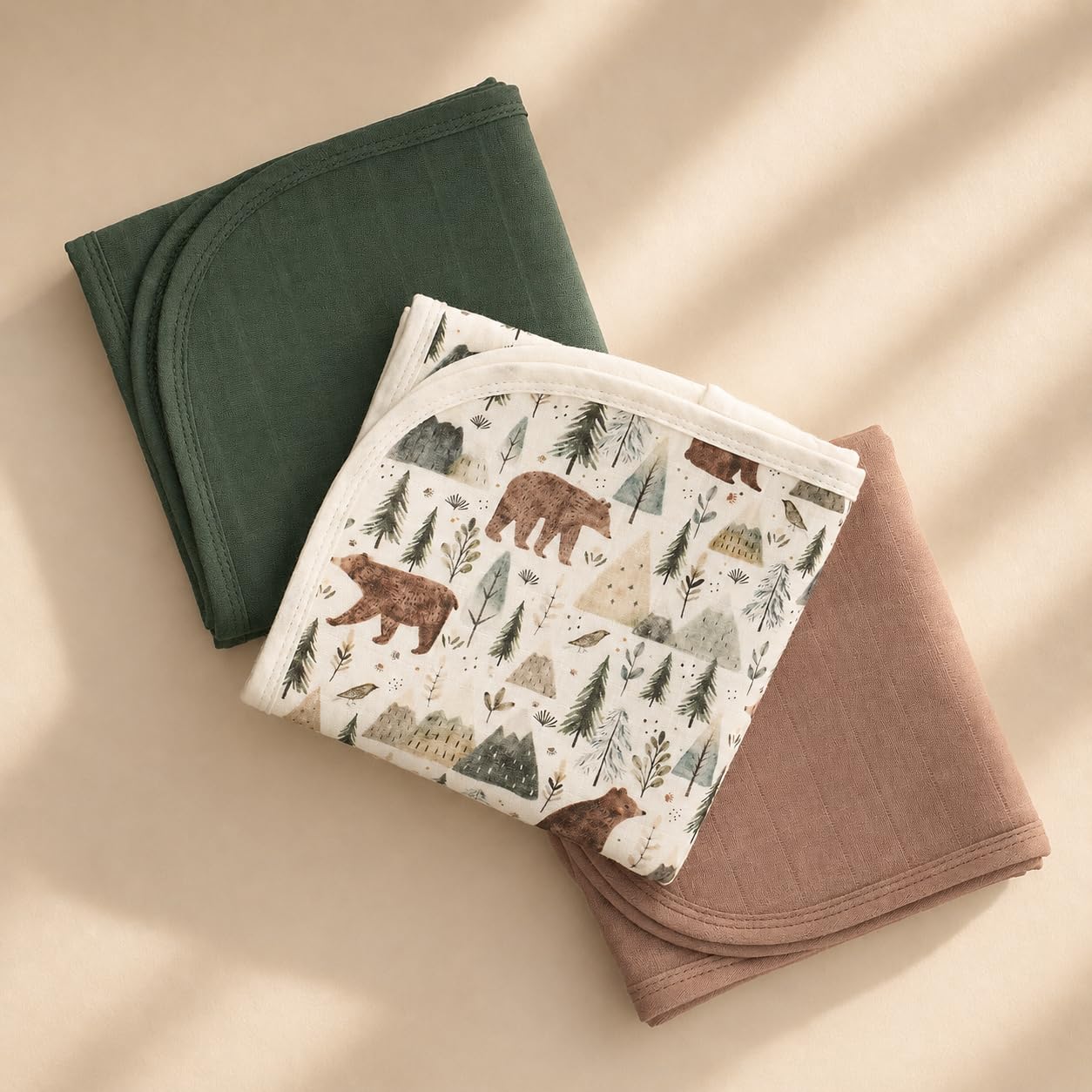 Miaoberry Organic Muslin Portable Changing Pad Liner – Waterproof Reusable Baby Diaper Changing Pad Cover for Travel, Forest Woodland Bear, 3 Pack
