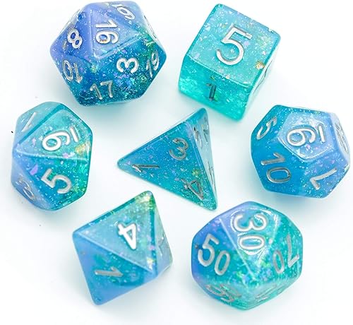 Miniatura 6 de 7-Die RPG Juego de dados DND azules, juego de dados poliédricos de resina con purpurina para juegos de rol, juego de mesa