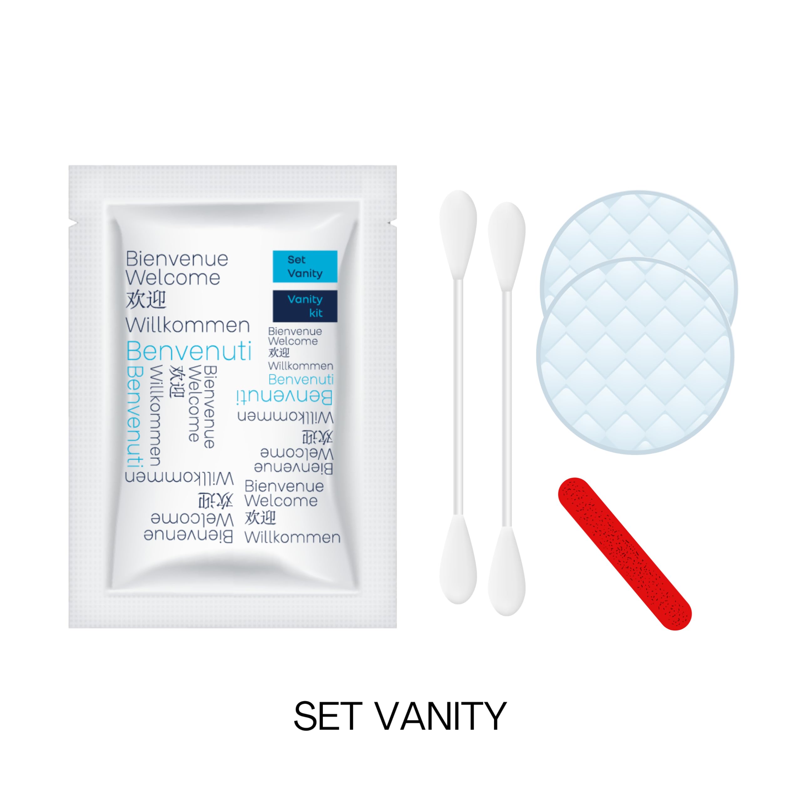 Kit Cortesia B&B Benvenuti Box con 8 Pezzi per 2 Persone Set Cortesia Bagno B&B con 2 Saponette, 2 Flacomi Doccia Shampoo, 1 Cuffia Doccia Monouso, 1 Set Vanity, 2 Bustine Igiene Intima (100)