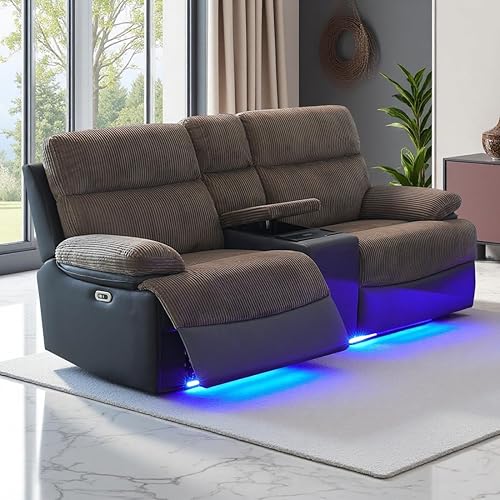 Power Recliner Loveseat Sofa with LED, Living Room Furniture Sets, Corduroy & Breathing Leather Recliner Couch, Premium Fabric Reclining Loveseat with Storage/Charging for Home/Office, Brown