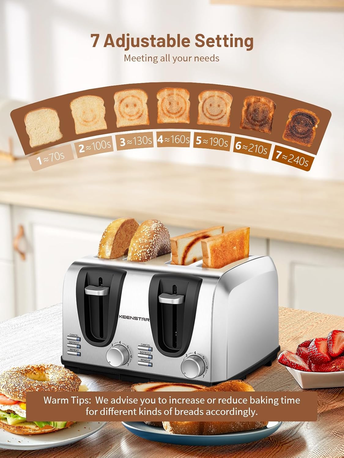 Keenstar Toaster 4 Slice, Bread Toaster with Dual Control Panels Extra-Wide Slot of Bagel/Defrost/Cancel Function, 7 Toasting Bread Shade Settings, Removable Crumb Trays, Auto Pop-Up, Stainless Steel