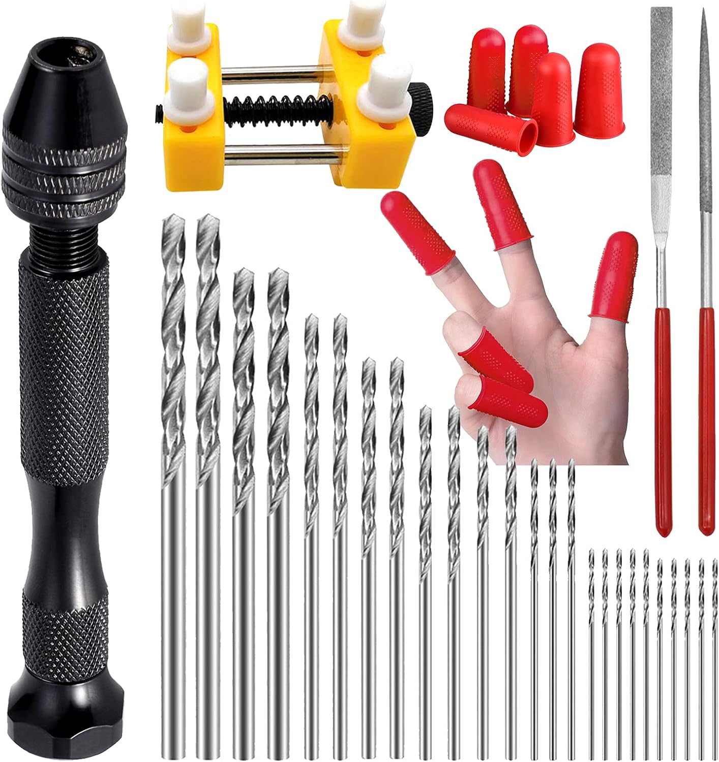 Daily Treasures 34Pcs Pin Vise Hand Drill Set, Include Pin Vise Hand Drill with Bench Vise, 0.5-3mm PCB Mini Twist Drill Bits,5 Finger Covers in 3 Sizes and 2 Diamond Needle File for Craft Carving DIY