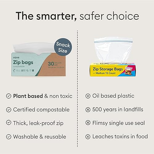 Miniatura 8 de Vove - bolsas para bocadillos compostables, pequeñas, 50 unidades  seguras para congelador, resistentes a fugas, no tóxicas, escribibles y