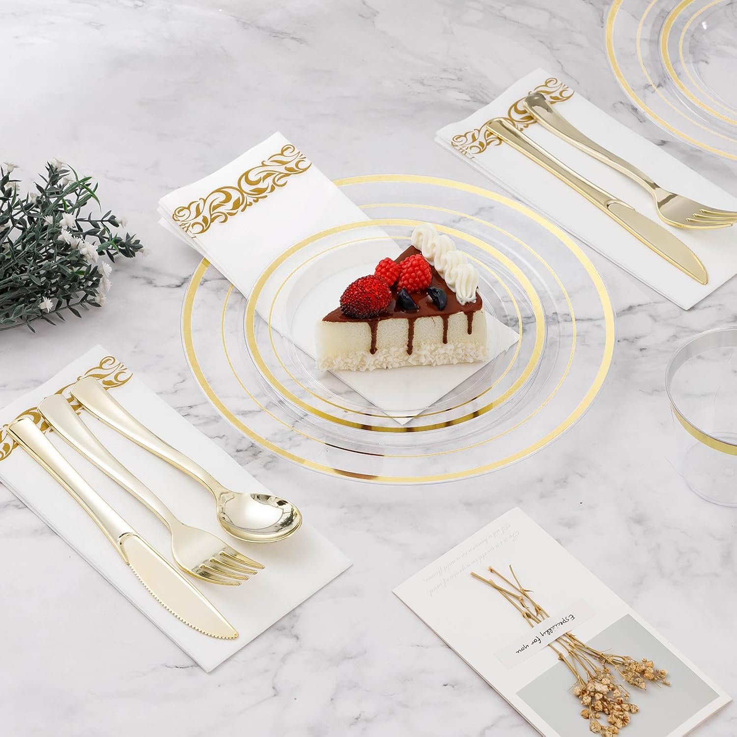 BESTVIP 700PCS Clear Gold Disposable Dinnerware Set for 100 Guests, Plastic Plates for Party, Wedding, Christmas, Include: 200 Plastic Plates, 100 Gold Silverware, 100 Cups, 100 Napkins