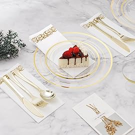 BESTVIP 175PCS Clear Gold Disposable Dinnerware Set for 25 Guests, Plastic Plates for Party, Wedding, Christmas, Include: 50Plastic Plates, 25 Gold Silverware, 25 Cups, 25 Napkins