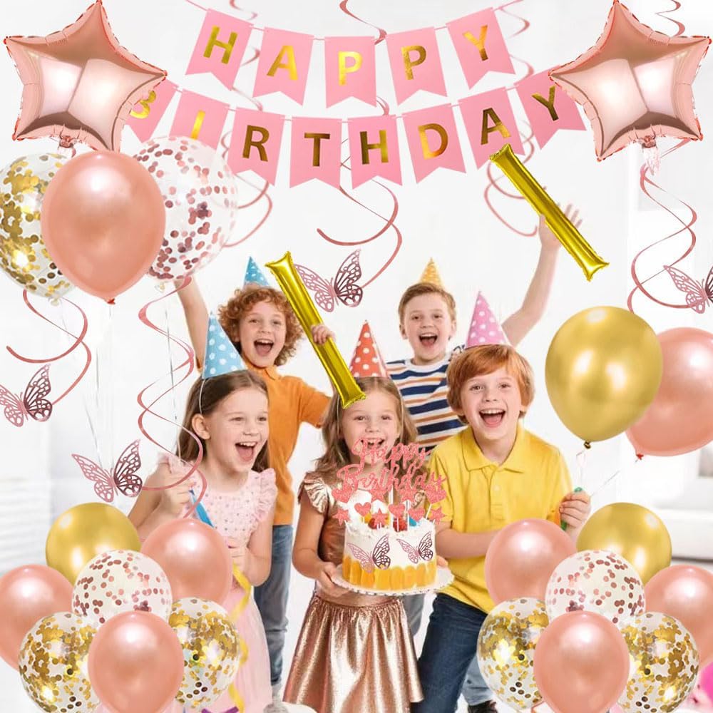 Rose Gold and Gold Birthday Decorations,Happy Birthday Banner,Rose Gold Fringe Curtain,Cake Topper,Butterfly,Hanging Swirls,balloons kit,Cheering Sticks,Women and Girls party decorations supplies - Image 5