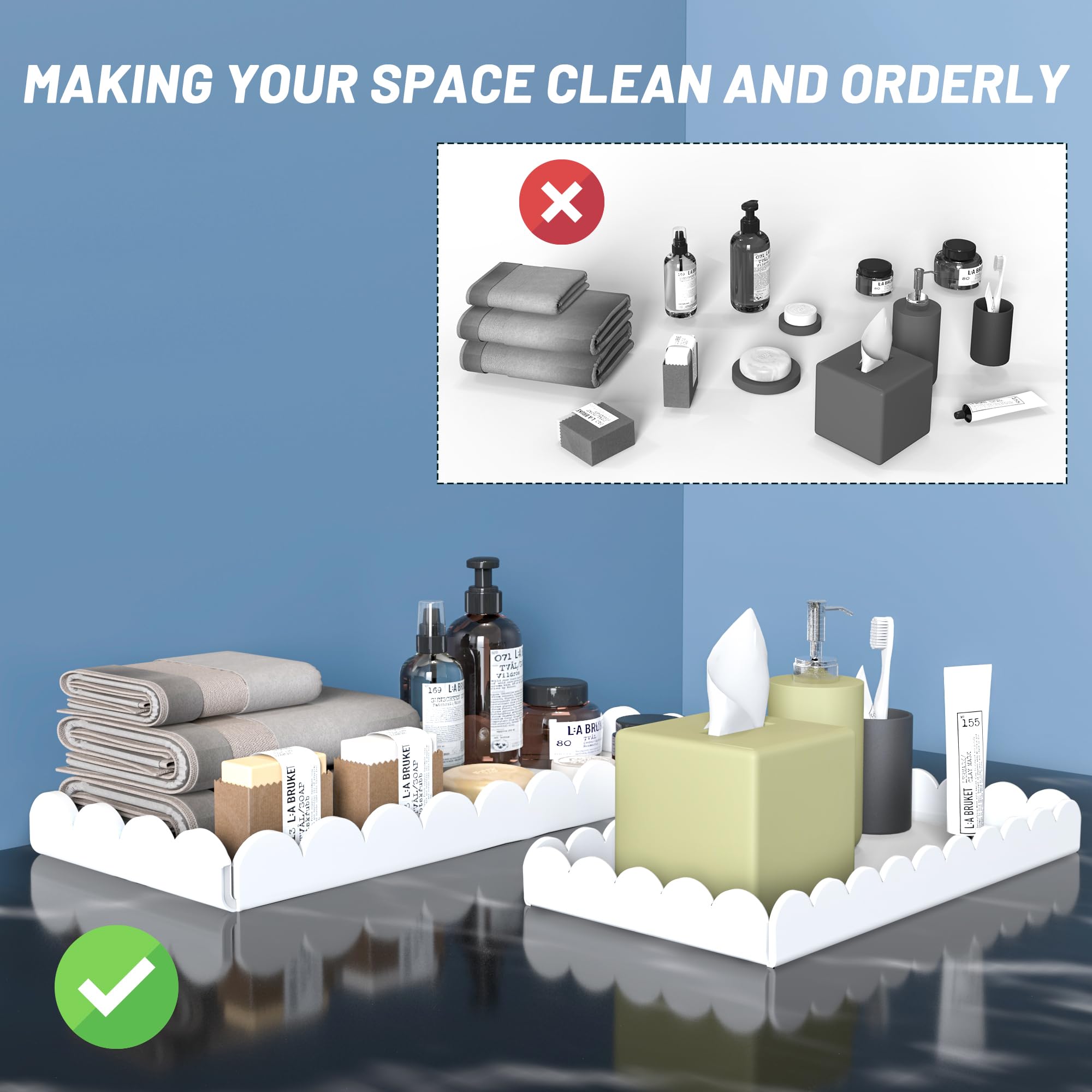 Paquete de 2 bandejas de acrílico blanco festoneado para tocador de baño para mostrador, bandejas acrílicas transparentes para organizar perfume, esponja, jabón, maquillaje, soporte de almacenamiento