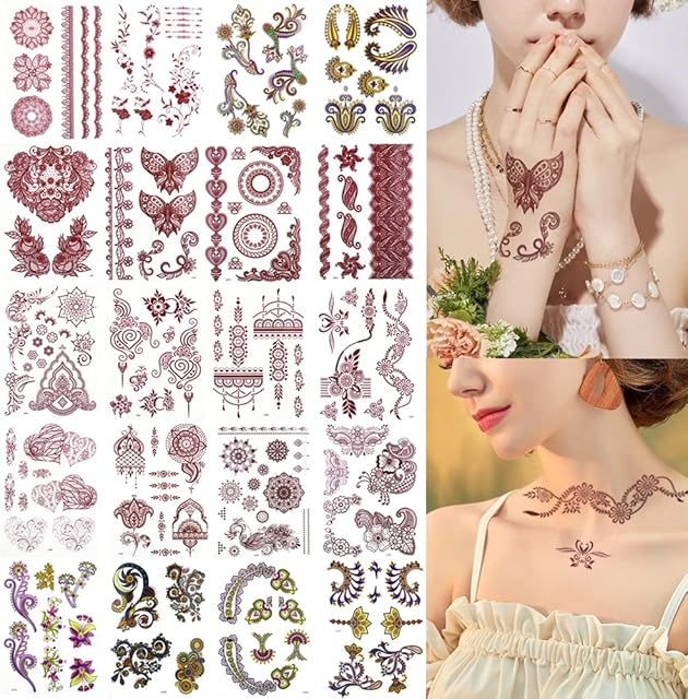 XMASIR 20 Sheets Brown Red Tattoos Stickers Lace Colorful Tattoo Flash Fake flower Tattoo Waterproof Temporary Tattoo Stickers for Women Girls Body Art