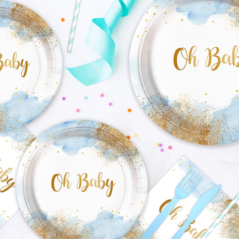 112 PCS Baby Shower Party Decorations Boy Watercolor Pastel Blue Boy Baby Shower Party Supplies Disposable Dinnerware Oh Baby Paper Plates Napkins Cups Serves Serves 16 - Image 8