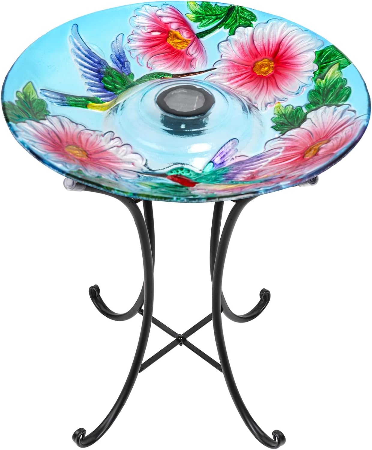 VCUTEKA Solar Birdbath Glass Bird Bath Outdoor with Metal Stand for Lawn Yard Garden Decor, Hummingbird