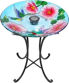 VCUTEKA Solar Birdbath Glass Bird Bath Outdoor with Metal Stand for Lawn Yard Garden Decor, Hummingbird