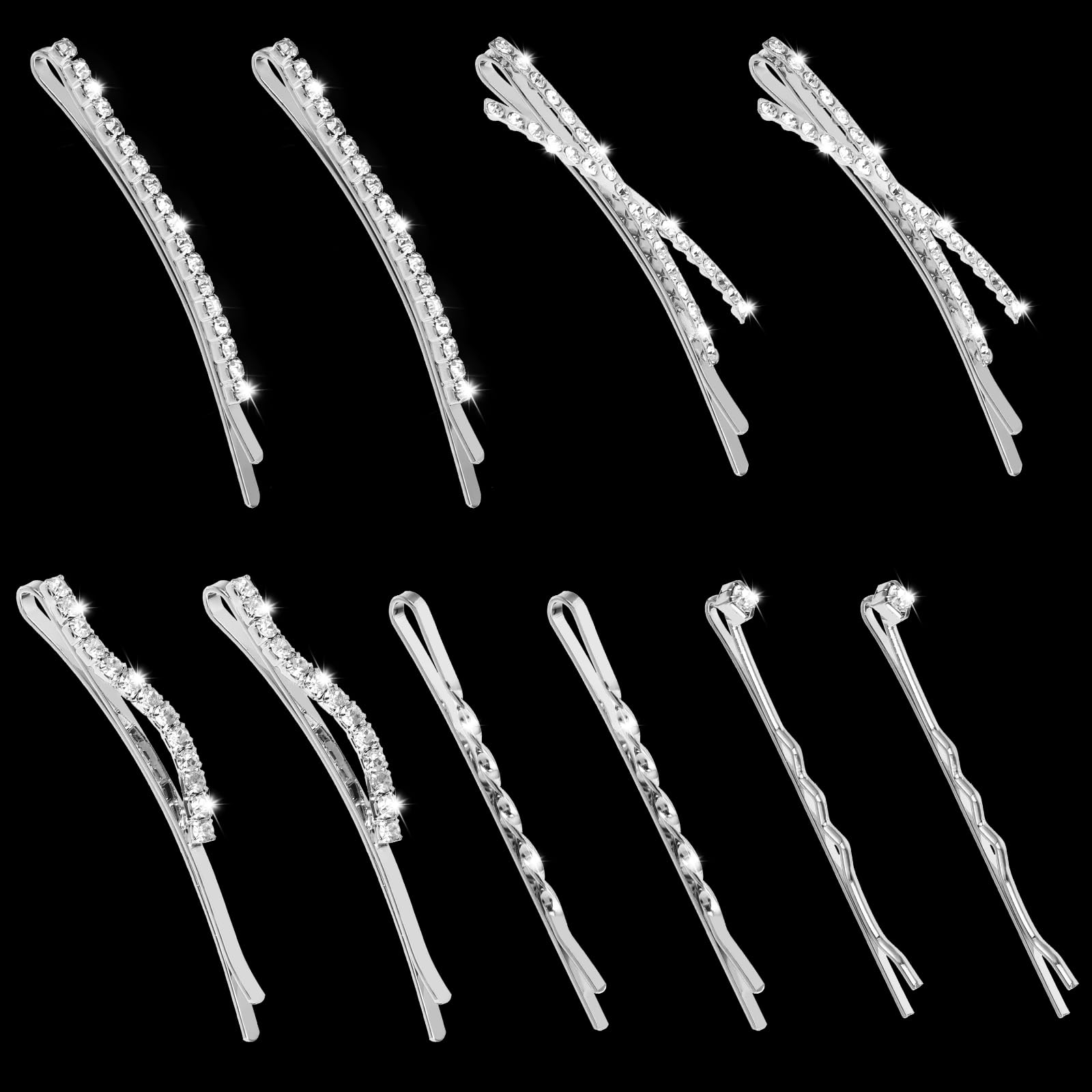 10Pcs Rhinestone Bobby Pins Crystal Diamond Bling Hair Pins Shiny Fancy Metal Barrettes I S X Shaped Hair Accessories for Women Girls Party Wedding Daily (Silver)