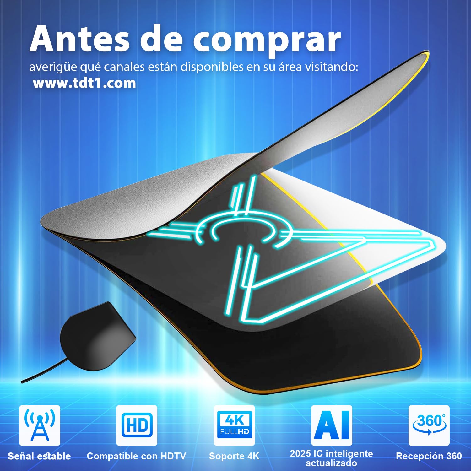 Antena TV Interior Digital de Panel 2026 – Diseño Ultrafino y Flexible con Amplificador, Recepción 360° de Largo Alcance, Compatible TDT/DVB-T2, Canales Gratis 4K/Full HD