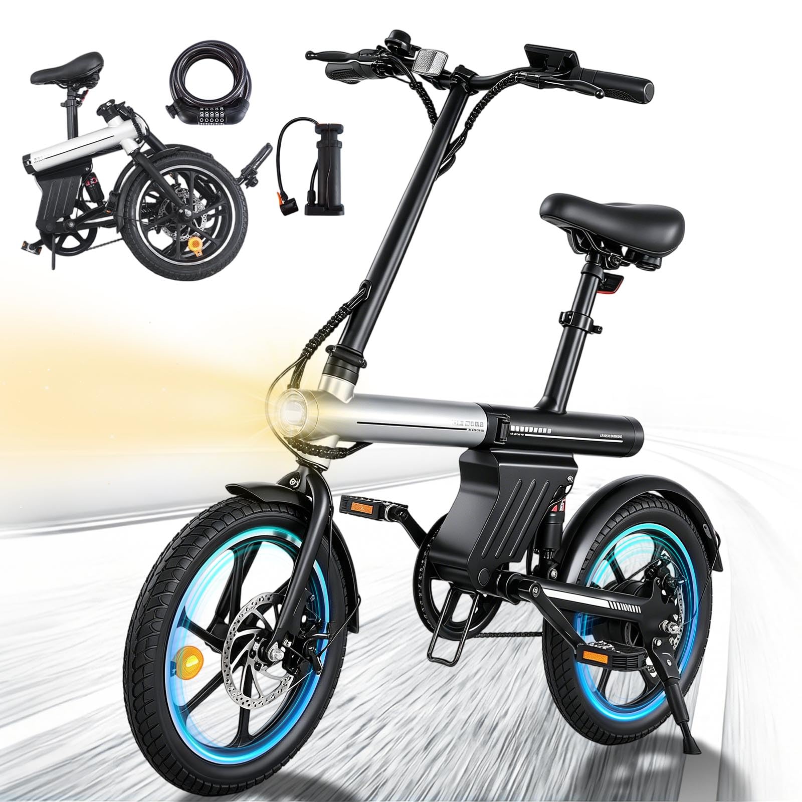 16" Vélo Électrique Adulte Ados - Autonomie 30-50km Velo Electrique Pliable,Ebike VTT Tout-Terrain,36V 12.8Ah Batterie,Double Disque E-Bike,3 Speed Modes Vélo électrique Hommes